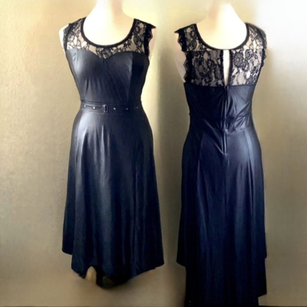 Torrid Tripp Nyc Blk Lace & Faux Leather Belted W/studs Hi-low Dress 1X NWOT